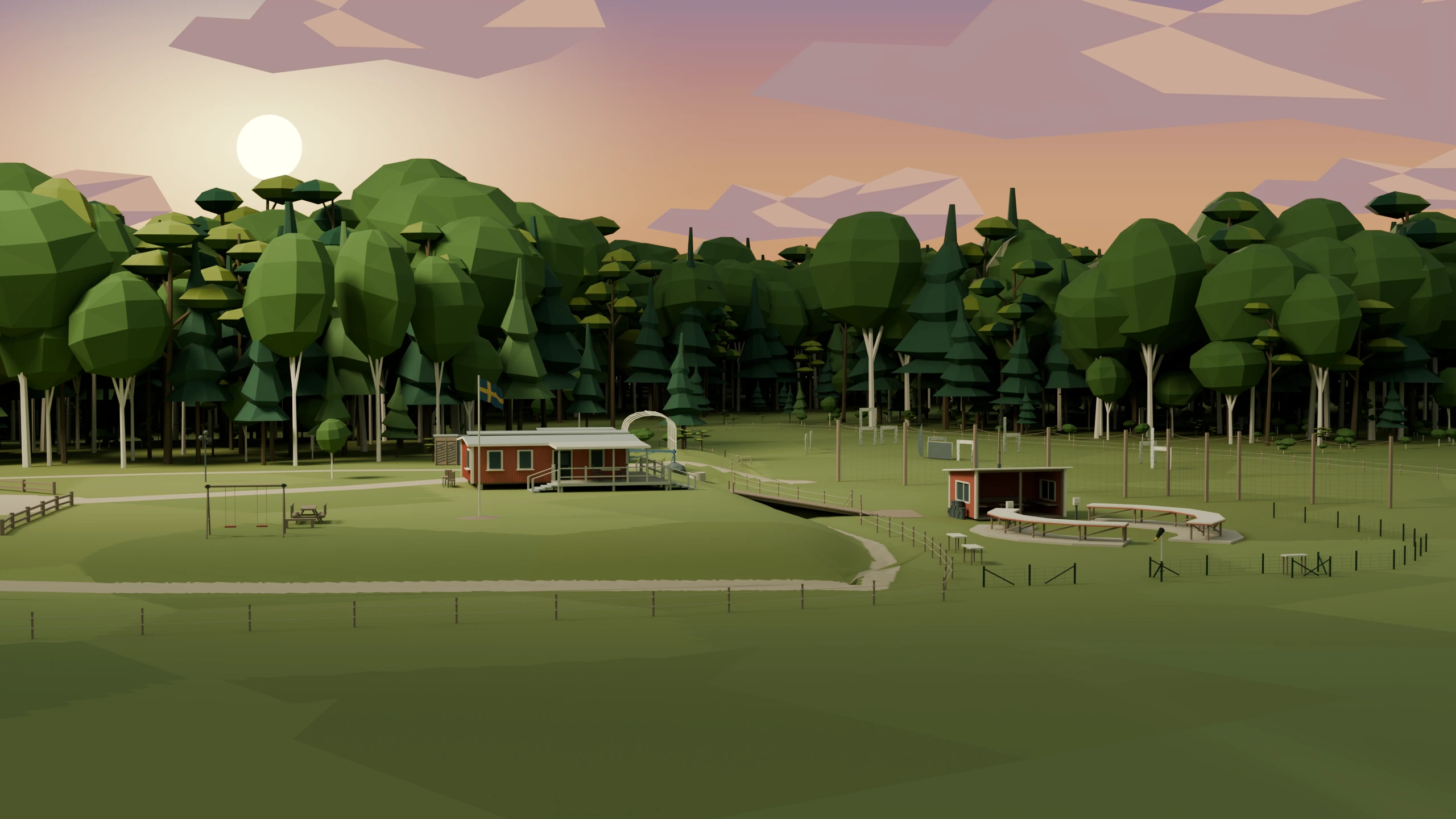 Low poly-illustration av Påldalens klubbområde och skog i kvällsljus.